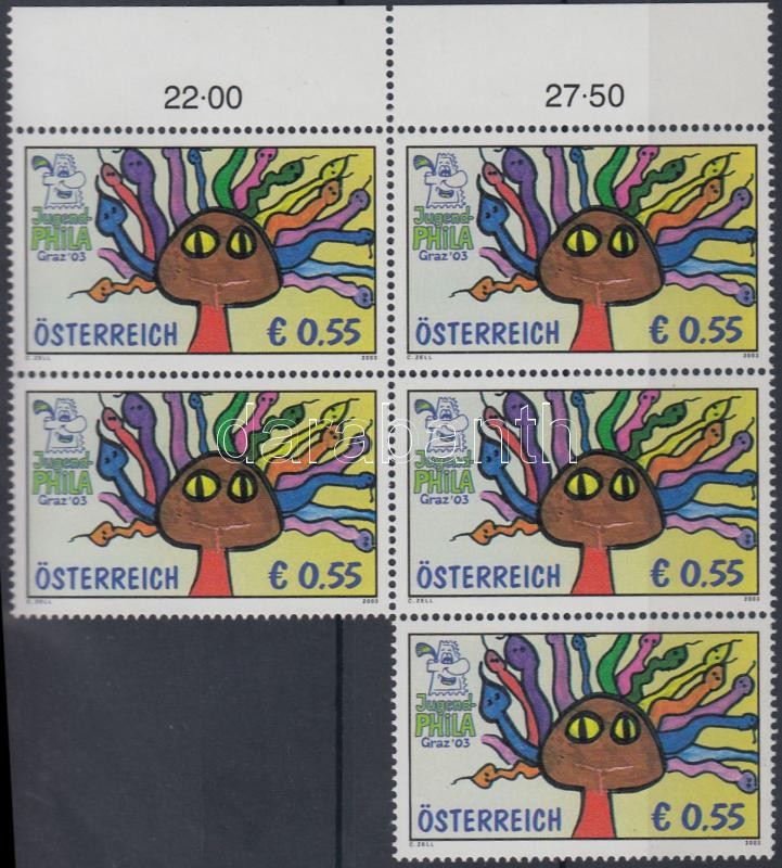Nemzetközi Ifjúsági Bélyegkiállítás ívszéli ötöstömb, International Youth Stamp Exhibition margin block of 5