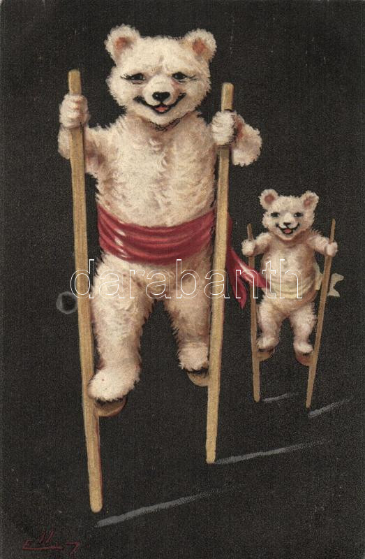 Happy teddy bears on stilts, unknown publisher no. 367 s: Ellam, Vidám medvék gólyalábakon, ismeretlen kiadó, no. 367 s: Ellam