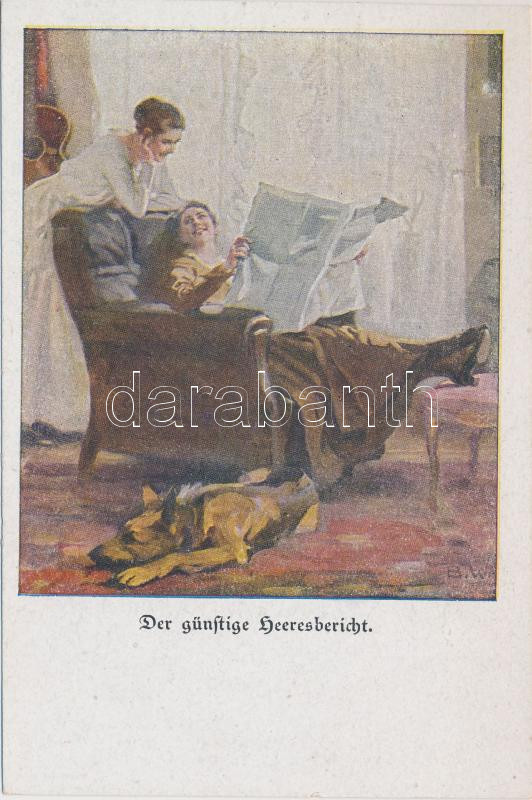 Ladies, art postcard, s: B. Wennerberg, Der günstige heeresbericht, Verlag der Lustigen Blätter, Nr. 13.