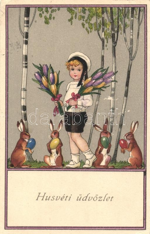 Easter, Meissner & Buch Künstler-Postkarten Serie 2585., Húsvét, kisfiú tulipáncsokorral, nyulak tojással, Meissner & Buch Künstler-Postkarten Serie 2585.