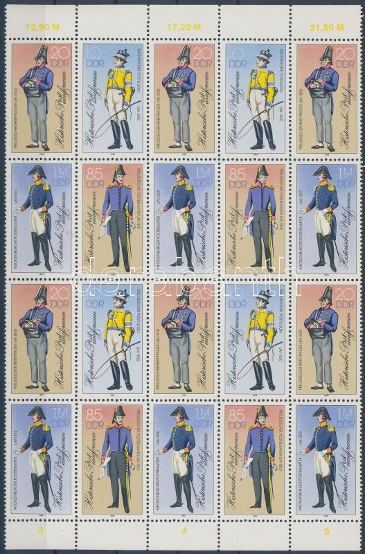 Történelmi postai egyenruhák ívszéli húszastömb, Historical postal uniforms margin block of 20