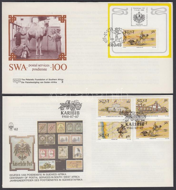100 éves a posta sor FDC + blokk FDC-n, Centenary of the Post set on FDC + block on FDC