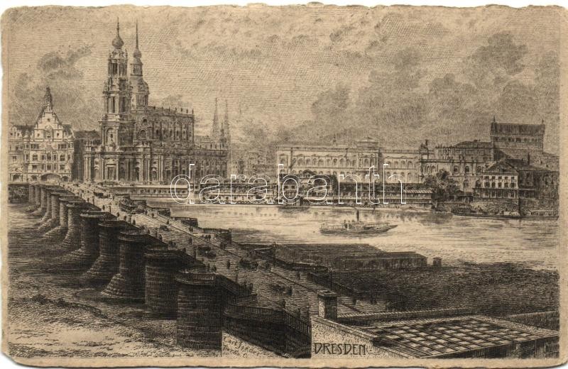 Dresden, hotel, etching style postcard, Carl Jander