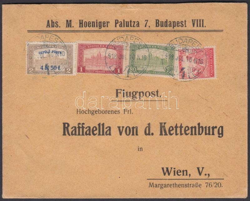1918.07.10. 3. súlyfokozatú légi levél Bécsbe Repülő posta 4K50f + díjkiegészítéssel, Mi 241 + additional franking on airmail cover to Vienna