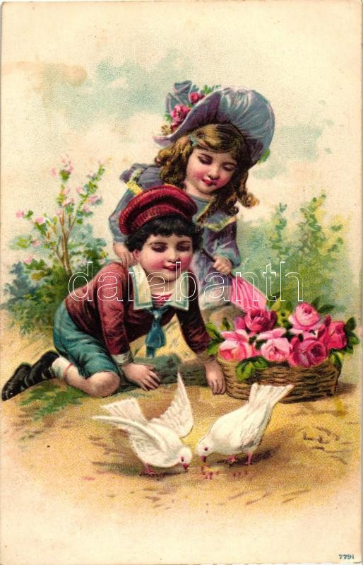 Gyerekek galambokkal és rózsákkal, litho, dombornyomott, Children with pigeons and roses, Emb. litho