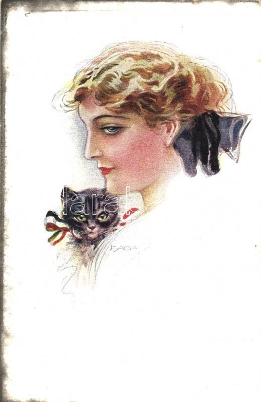 Girl with cat; Italian art postcard PFB Nr. 3947/3 s: Usabal, Lány macskával; olasz művészlap PFB Nr. 3947/3 s: Usabal