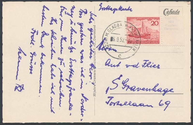 Helgoland First day postcard to Netherlands, Helgoland elsőnapi képeslap Hollandiába