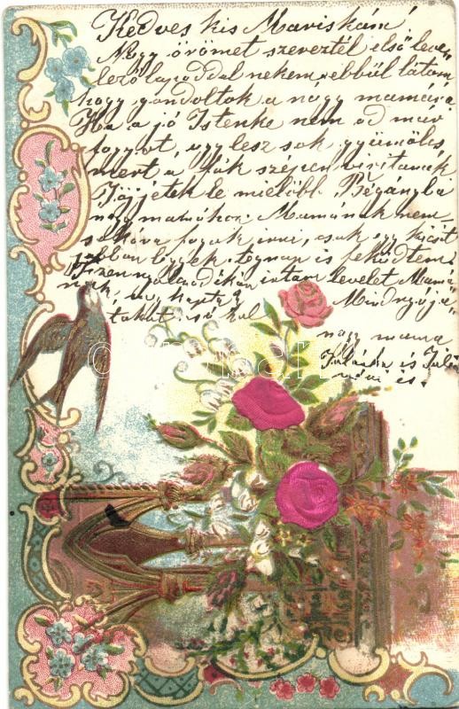 Flower with swallow, silk card, Art Nouveau litho, Emb., Virágok fecskével, dombornyomott selyem litho, Art Nouveau