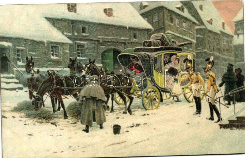 Berlin, arrival of the stagecoach, litho