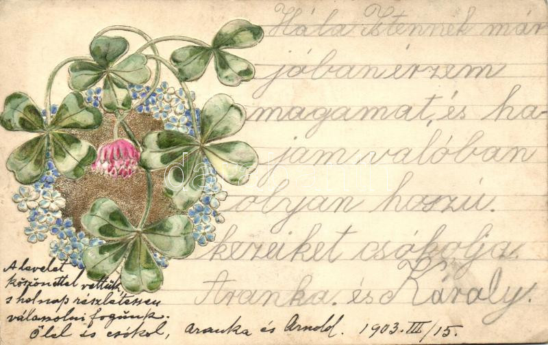 Flowers, clover Emb. litho (wet damage), Virágok, dombornyomott lóhere, litho (ázott)