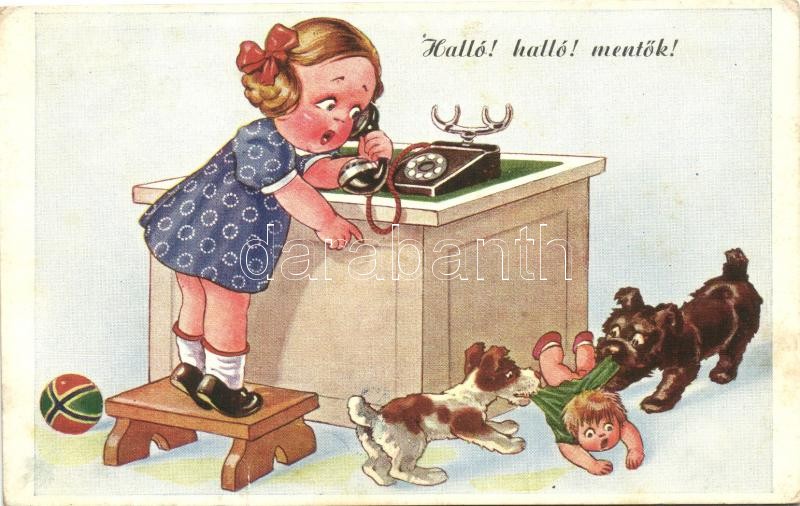 Girl with telephone, emergency call, dogs, humour, Halló! halló! mentők! gyerekek, kutyák, humor