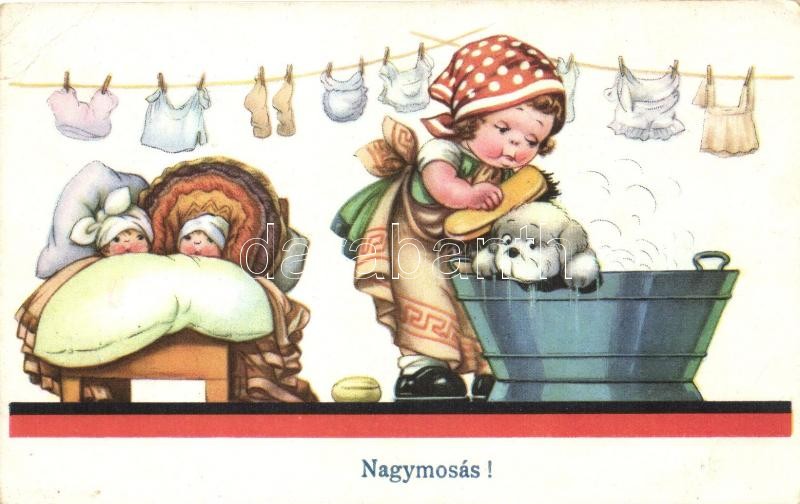 Nagymosás, kutya, humor, Great washing, wife with dog, humour