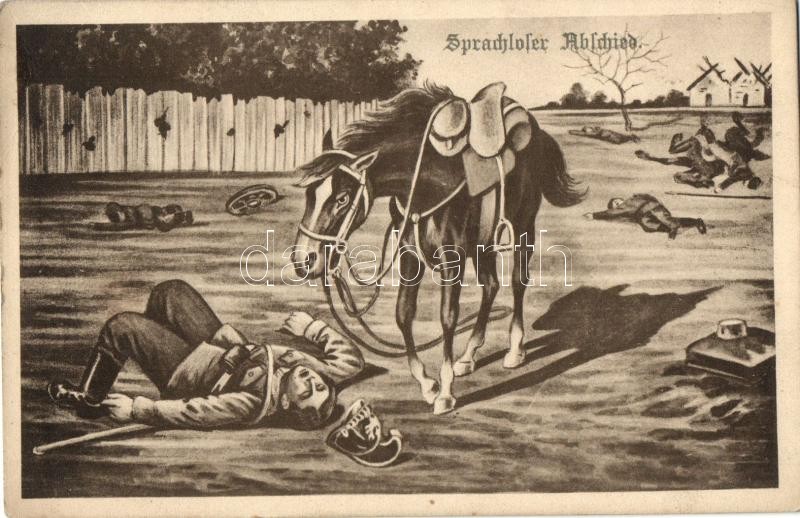 K.u.K. military card, dying soldier with his horse at the battlefield, Haldokló katona a lovával a harctéren, Sprachloser Abschied
