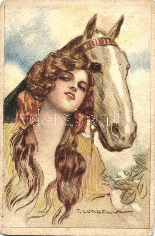 Lady and horse, Italian art postcard, 532-6. s: T. Corbella, Hölgy lóval, olasz művészeti képeslap, 532-6. s: T. Corbella