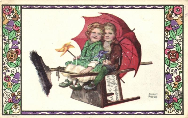 Gyerekek esernyővel, B.K.W.I. 587-2. s: August Patek, Children, art postcard B.K.W.I. 587-2. s: August Patek