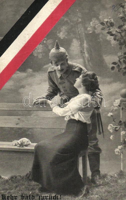 Első világháborús német katona , hölgy, zászló, WWI German soldier and lady, flag, romantic couple