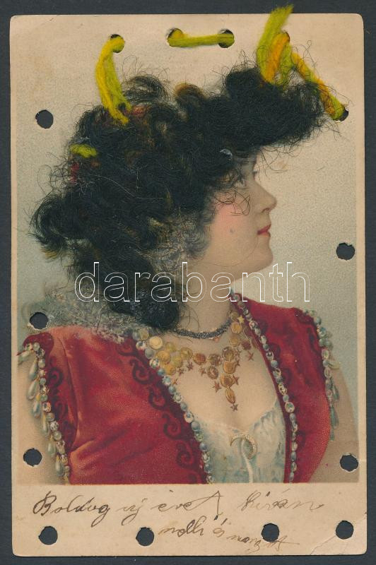 Lady, decorated postcard, litho, Hölgy, dekorált litho képeslap