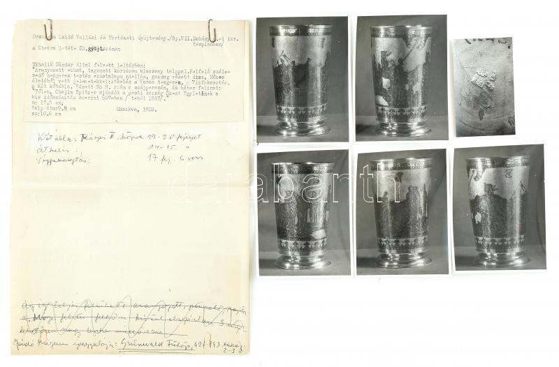 Az Orsz. Zsidó Vallási és Történeti Gyűjteményben őrzött ún. Moszkvai pohárról készül 6 db feliratozott fénykép és külön 4 oldalas kézírásos részletes ismertetője, 9x5 cm és 12x9 cm