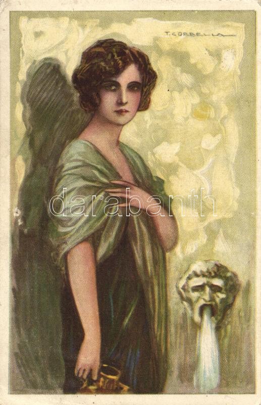 Italian art postcard, lady; Degami 638 s: T. Corbella (pinhole), Hölgy a kútnál; Degami 638 s: T. Corbella (lyuk)