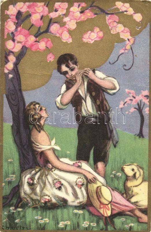 A juhász és a hölgy, olasz művészeti képeslap s: Chiostri, Italian art postcard, Ballerini & Fratini Lady and sheperd s: Chiostri