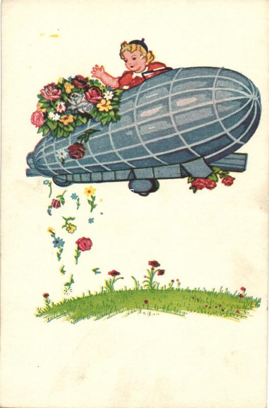 Airship, girl, flowers, Kislány virágokkal a léghajón