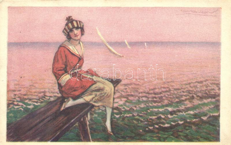 Italian art postcard, lady in the port s: Mauzan, Hölgy a kikötőben, olasz művészeti képeslap s: Mauzan