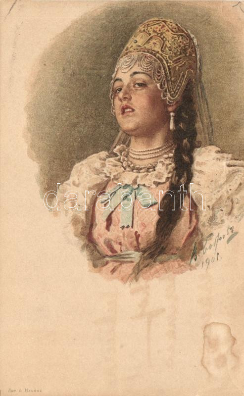 Russian woman, folklore art postcard, Orosz hölgy, folklór művészlap