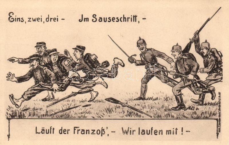 'Eins, zwei, drei - im Sauseschritt..' WWI propaganda, Wilh. S. Schröder Nachf. s: Ad. Hoffmann, I. világháborús német propaganda, Wilh. S. Schröder Nachf. s: Ad. Hoffmann