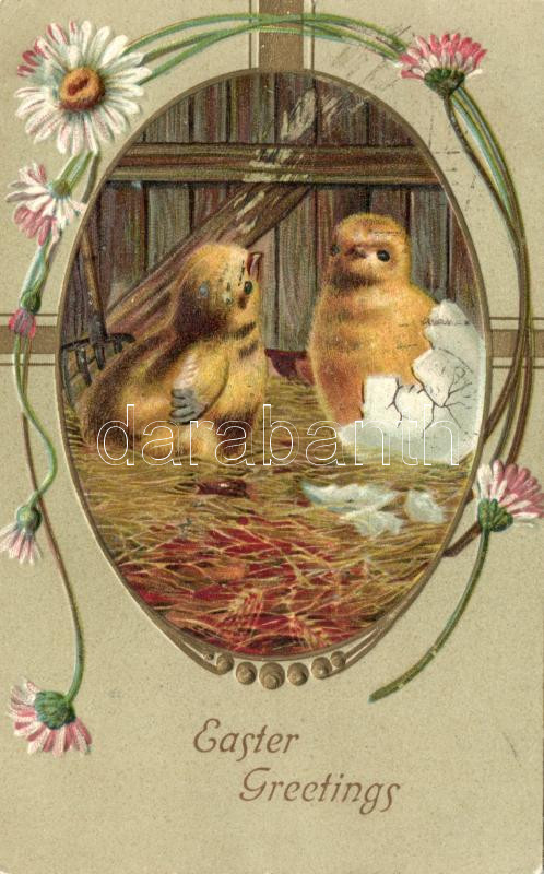 Easter, chickens, litho, Húsvét, kiscsibék, litho