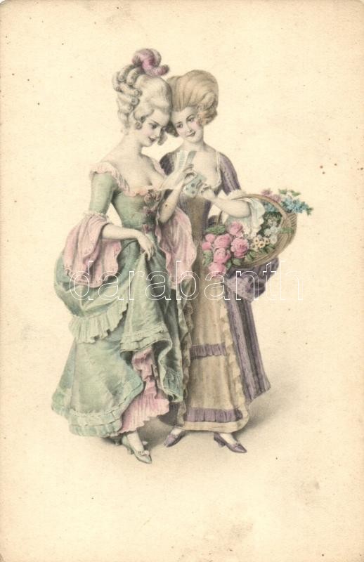 Baroque ladies, M.Munk Vienne Nr. 748., Barokk hölgyek virágkosárral, M.Munk Vienne Nr. 748.