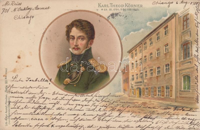 Dresden, Karl Theodor Körner und sein Geburtshaus / Körner's birth house, litho