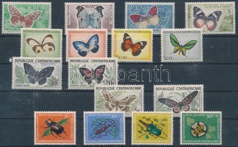 Lepkék és rovarok motívum tétel 16 db bélyeg, közte teljes sorokkal, Butterflies and Insects 16 stamps