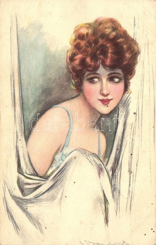 Lady, Italian art postcard 474-5. s: Bompard, Szégyenlős hölgy, olasz művészeti képeslap, 474-5. s: Bompard