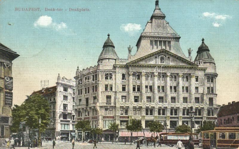 tram, horse-drawn carriage, Budapest V. Deák tér, Smith Premier írógép üzlet, Polacsek üzlete, villamos, lovaskocsi