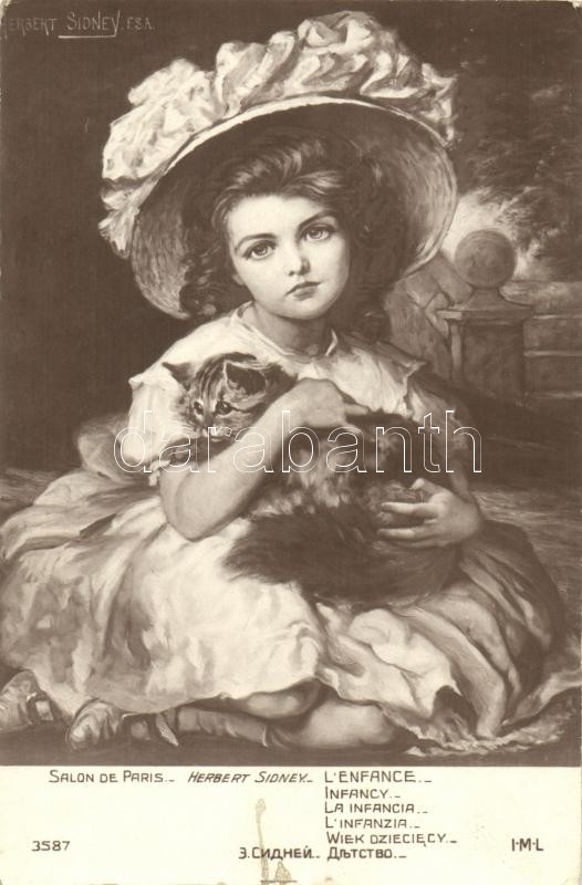 Kislány macskával s: Herbert Sidney, L'Enfance / Girl and cat s: Herbert Sidney