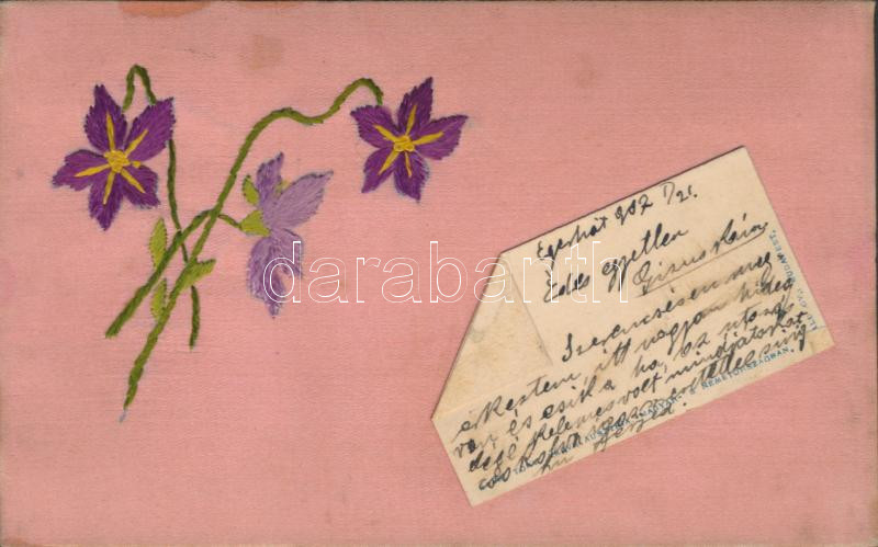 Floral silk greeting card, Hímzett virágos üdvözlőlap