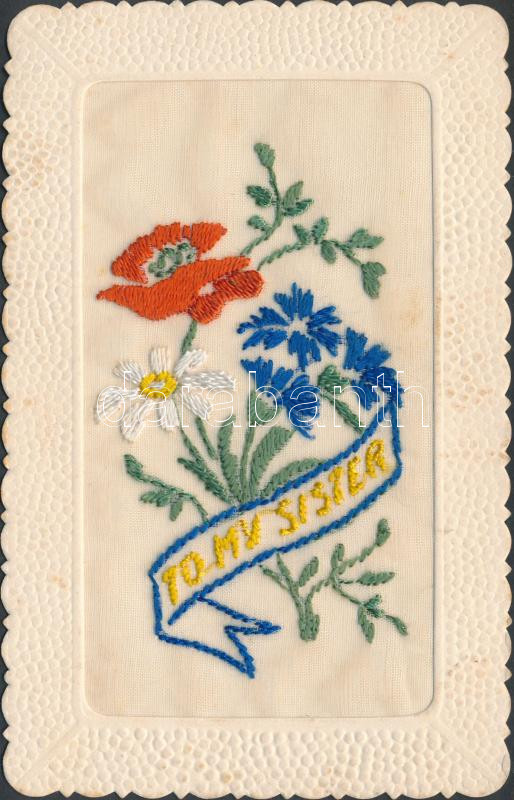 'To my sister' Floral silk greeting card, 'Nővéremnek', hímzett virágos üdvözlőlap