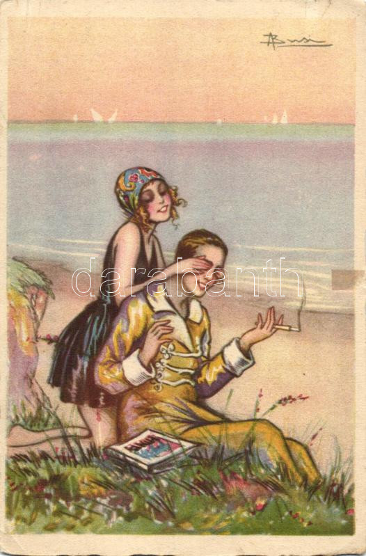 Italian art postcard, Bohemian couple at the beach;  Degami 651. s: Busi, Olasz művészlap, bohém pár a tengerparton;  Degami 651. s: Busi