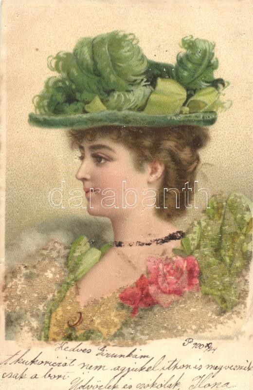 Hölgy kalappal, gyöngy díszítéssel, litho, Lady, pearl decoration, litho