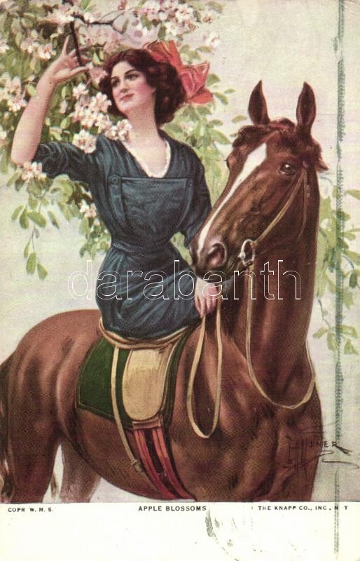 Apple blossoms / Lady on horse, The Knapp Co. No. 305-9. artist signed, Almafa virágzása, hölgy lóháton, The Knapp Co. No. 305-9. művész aláírásával