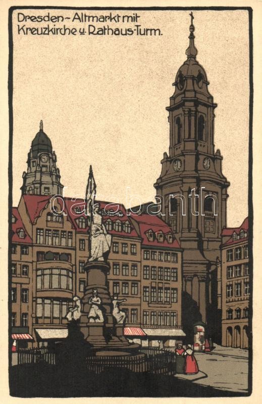 Dresden, Altmarkt, Kreuzkirche, Rathaus-Turm / market place, church, town hall tower litho