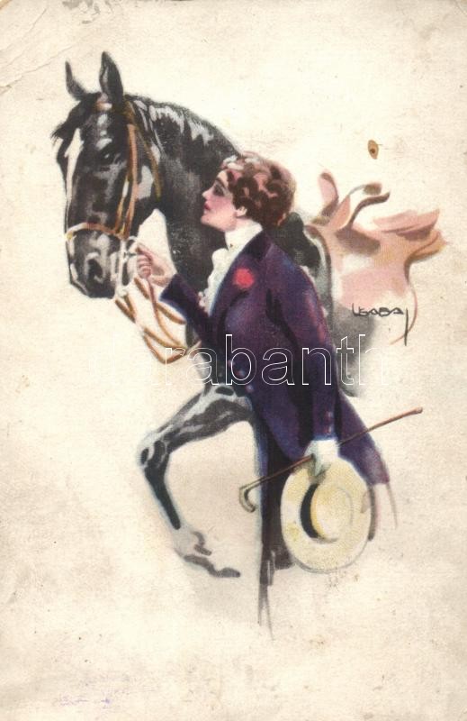 Hölgy lóval, hátoldalon osztrák-magyar katona ragasztott fotója s: Usabal, Italian art postcard, lady with horse, glued photo of a K.u.K. soldier on the backside s: Usabal