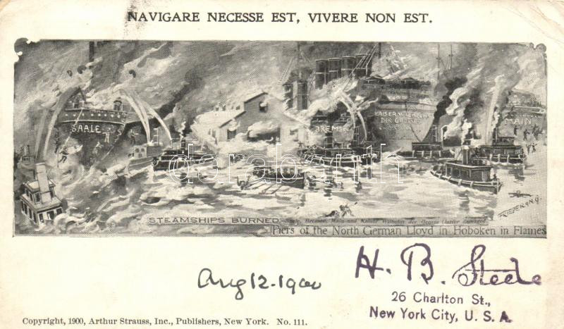 Piers of the North German Lloyd in Hoboken in Falmes, Burnt steamships; Saale, Main, Kaiser Wilhelm der Grosse, Bremen s: Friederang