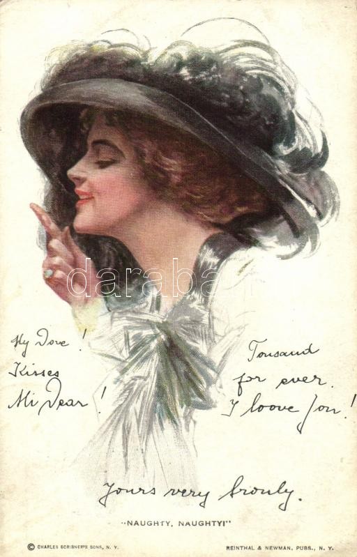Kalapos hölgy, Reinthal & Newman No. 185., Naughty, naughty... lady with hat, Reinthal & Newman No. 185.