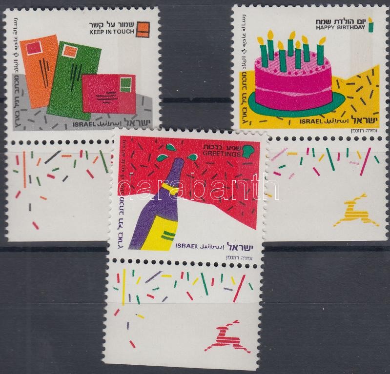 Greeting stamps set with tab (phosphor stripe on right side), Üdvözlőbélyegek tabos sor (jobb oldalon a foszfor csík)