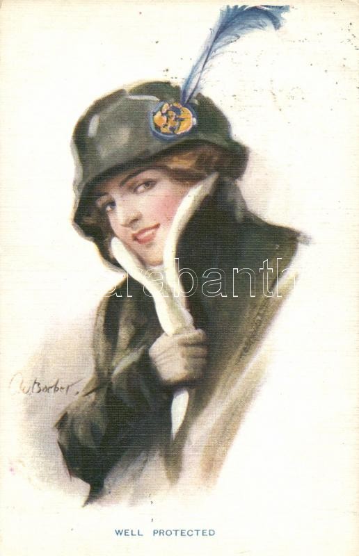 Well protected, Lady with hat, The Carlton Publishing Co. Series No.677/1. s: C. W. Barber, Kalapos hölgy, The Carlton Publishing Co. Series No.677/1. s: C. W. Barber