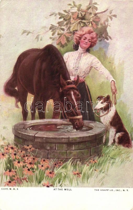 At the well, lady with horse and dog, The Knapp Co. H. Import No. 305-3., Hölgy lóval és kutyával a kútnál, The Knapp Co. H. Import No. 305-3.