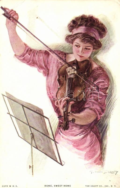 Home, Sweet, home, Lady with violin, The Knapp Co. H. Import No. 304-11. s: T. Earl Christy, Hegedülő hölgy, The Knapp Co. H. Import No. 304-11. s: T. Earl Christy