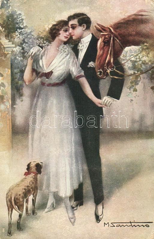 Szerelmes pár lóval és kutyával, olasz művészeti képeslap s: M. Santino, Italian art postcard, couple with horse and dog s: M. Santino