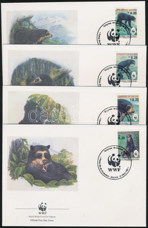 WWF Pápaszemes medve sor 4 FDC, WWF spectacled bear set on 4 FDC
